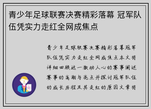 青少年足球联赛决赛精彩落幕 冠军队伍凭实力走红全网成焦点