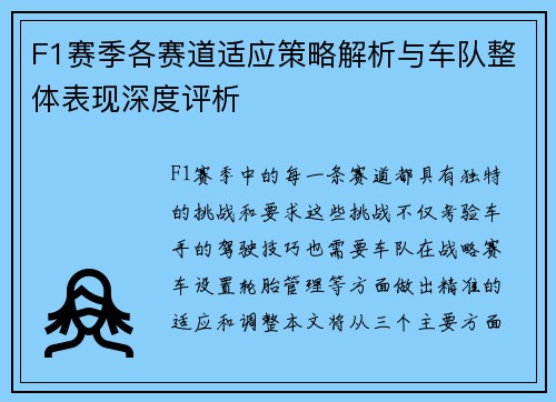 F1赛季各赛道适应策略解析与车队整体表现深度评析