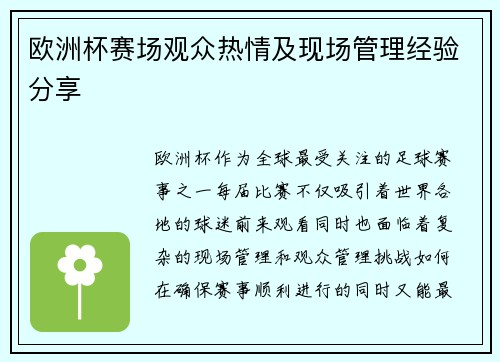 欧洲杯赛场观众热情及现场管理经验分享
